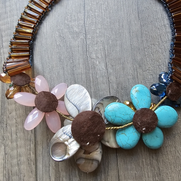 Choker Natural Shell Acrylic And Crystal Flower Necklace Beach Style - Picture 6 of 7